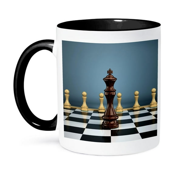 3dRose, Chessboard with black king facing white pawns attack win challenge concept chess checker board, 15oz Two-Tone Black Mug