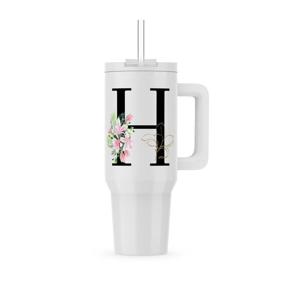 Chic Black Monogram Initial H With Pretty Pink Flowers, 30oz Tumbler