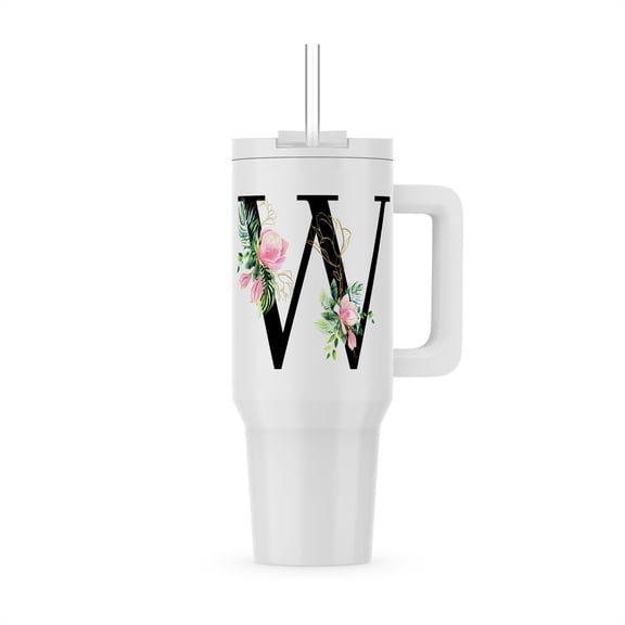 Chic Black Monogram Initial W With Pretty Pink Flowers, 30oz Tumbler