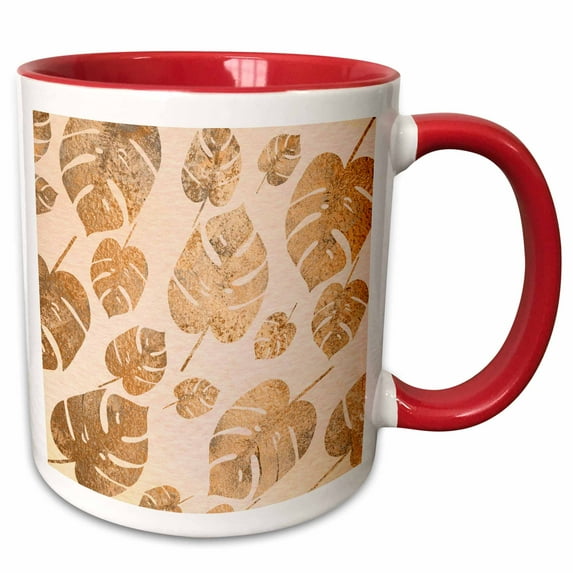 3drose, Chic Faux Digitally Printed Gold Foil Tropical Leaves Flat Design, 11oz Two-tone Red Mug