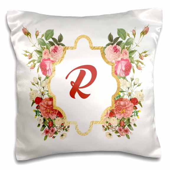 3drose, Chic Monogram Letter R in a Gold Flowered Frame on White, 16x16 inch Pillow Case