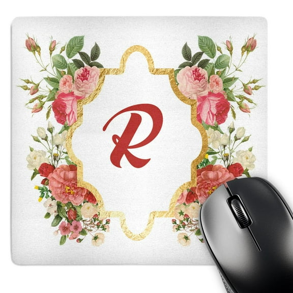 3dRose, Chic Monogram Letter R In A Gold Flowered Frame On White, MousePad