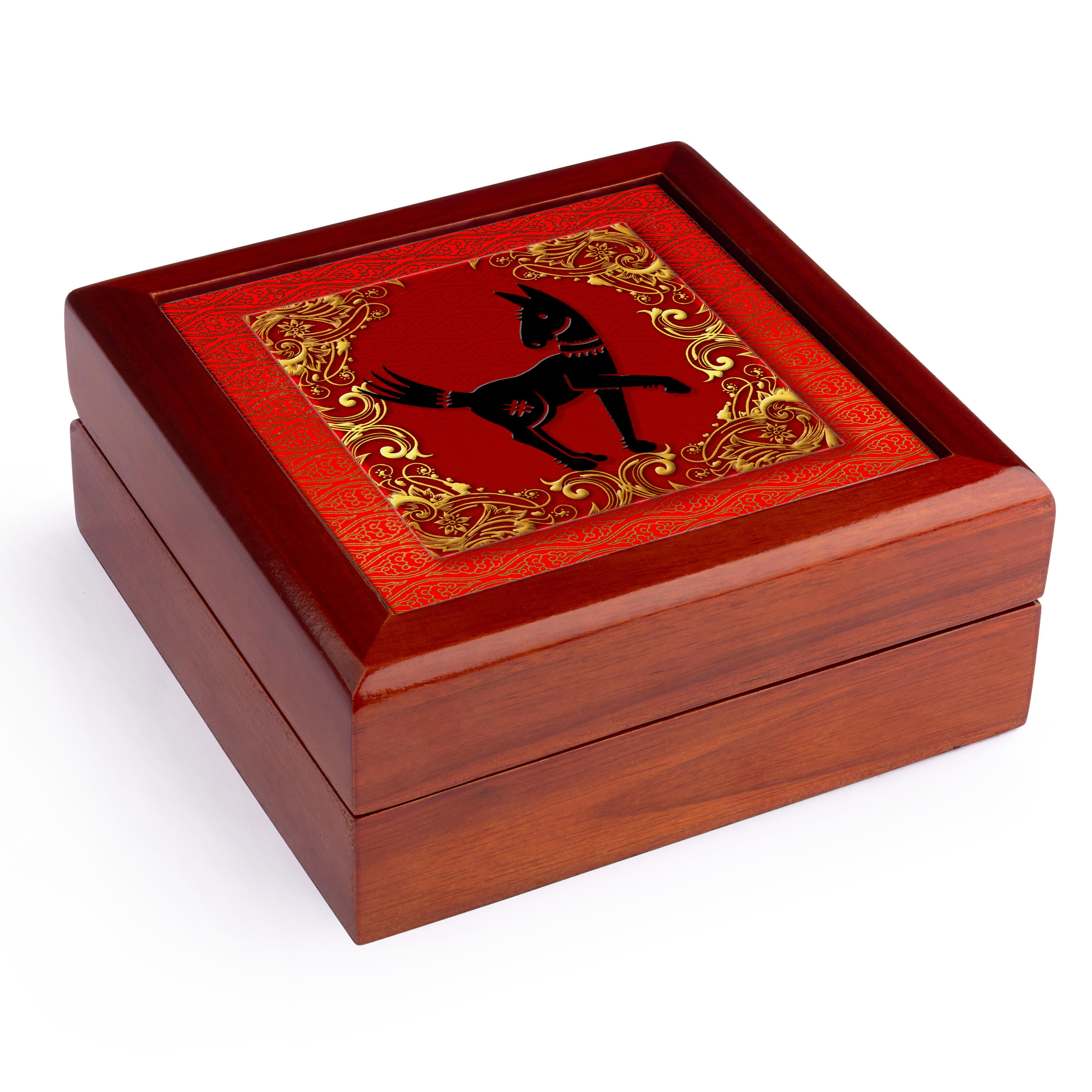 3dRose, Chinese Zodiac Year of the Dog Chinese New Year Red, Gold and Black , Jewelry Box 5.5x5.5 inch with 4 inch tile