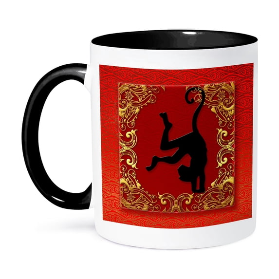 3dRose, Chinese Zodiac Year of the Monkey Chinese New Year Red, Gold and Black , 11oz Two-Tone Black Mug