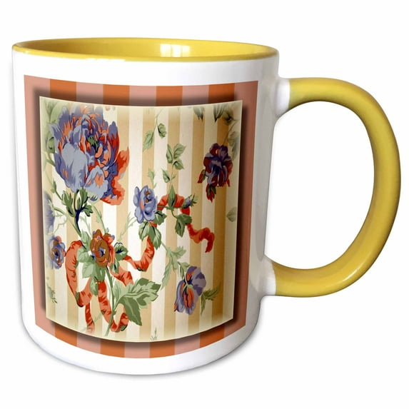 3drose, Chintz Flowers and Stripes 1, 15oz Two-tone Yellow Mug