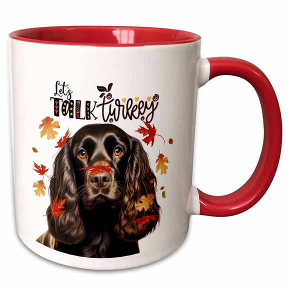 3drose, Chocolate Brown Cocker Spaniel Dog with Autumn Leaves Thanksgiving, 11oz Two-tone Red Mug