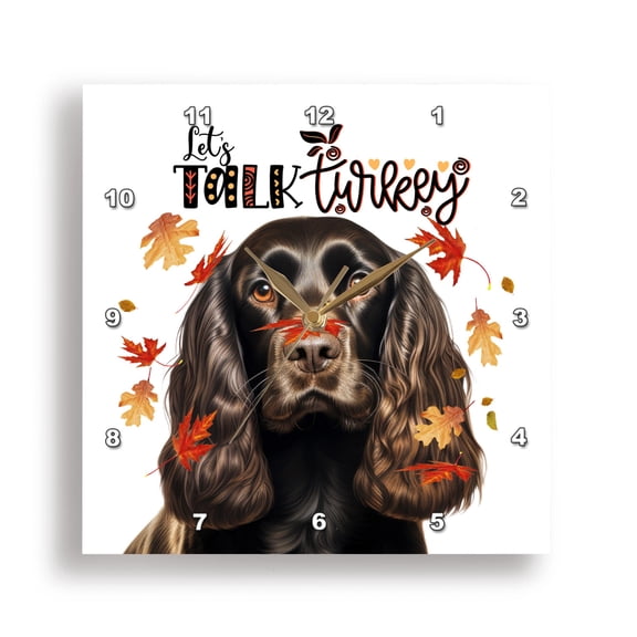 3dRose, Chocolate Brown Cocker Spaniel Dog with Autumn Leaves Thanksgiving, 15x15 Wall Clock