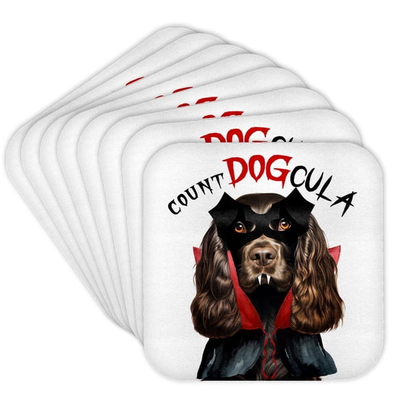 3dRose, Chocolate Cocker Spaniel dog in a Dracula costume for Halloween., Set of 8 Coasters - Soft