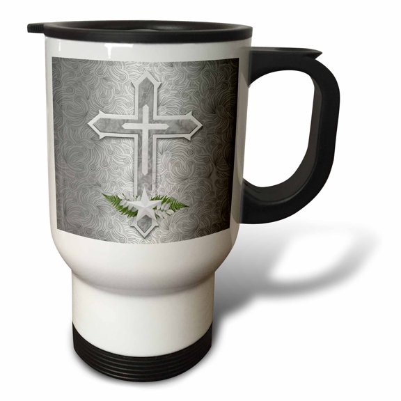 3drose, Christian Cross in Silver and White with Star and Fern Leaves, 14oz Stainless Steel Travel Mug