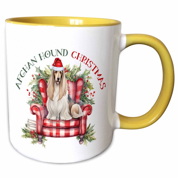 Christmas Afghan Hound Dog In A Santa Hat And Holiday Chair, 15oz Two-Tone Yellow Mug