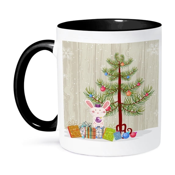 3dRose, Christmas Holiday Bunny And Decorated Xmas Tree With Presents Faux Wood Grain Whimsical Cartoon, 15oz Two-Tone Black Mug