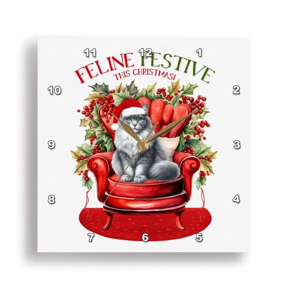 3dRose, Christmas Kitty Cat in Gray and White with Fluffy Coat and Santa Hat, 15x15 Wall Clock