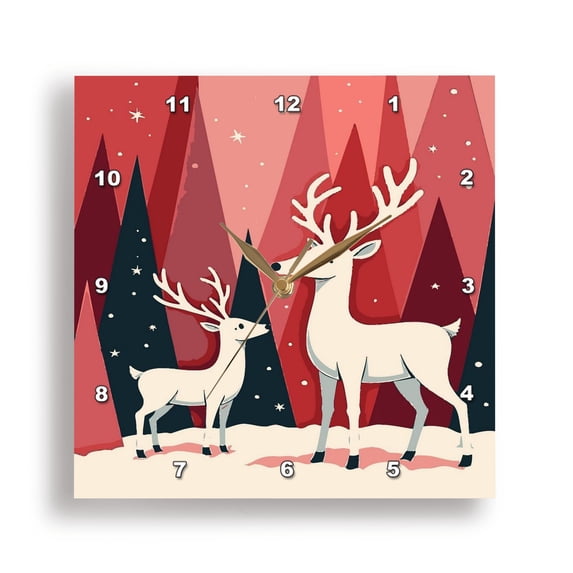 3dRose, Christmas Reindeer Pink KItsch MId-Century Retro Art, 10x10 Wall Clock