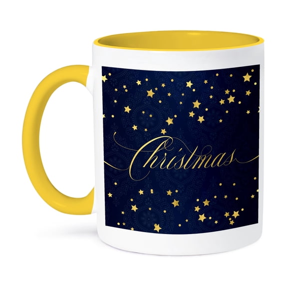3dRose, Christmas Typography in Golden Hues on Navy Blue Damask, 11oz Two-Tone Yellow Mug