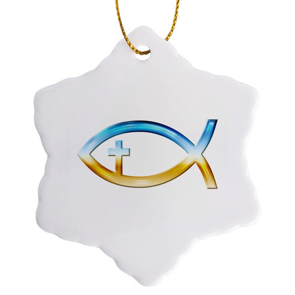 3drose, Chrome Christian Fish Symbol with Cross, 3 inch Snowflake Porcelain Ornament