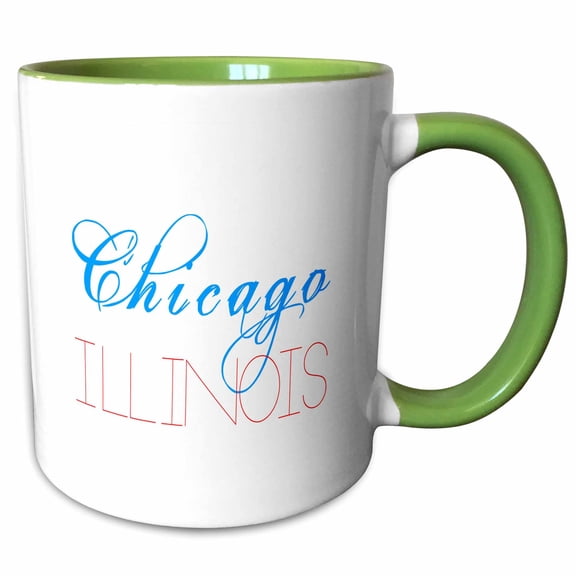 3drose, Cities of the World - Chicago, Illinois Red and Blue on White, 11oz Two-tone Green Mug