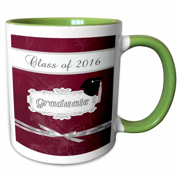 3drose, Class of 2016, Graduate, Cap on Pretty Banner, Bow, Leaf Design, Red, 11oz Two-tone Green Mug