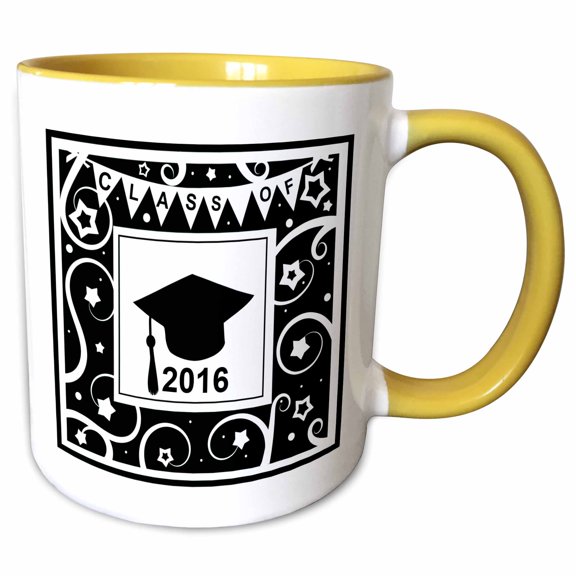 3drose, Class of 2016 Graduation Memento - Black and White Graduate Hat Cap - High School College University, 15oz Two-tone Yellow Mug