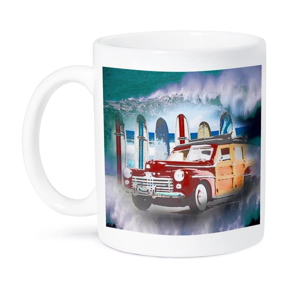 3dRose, Classic Woody Car and big wave background with surfer a great surfing lover gift, 11oz Mug