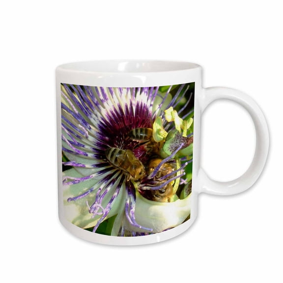3drose, Close up of Passion Flower with Honey Bee, 11oz Mug