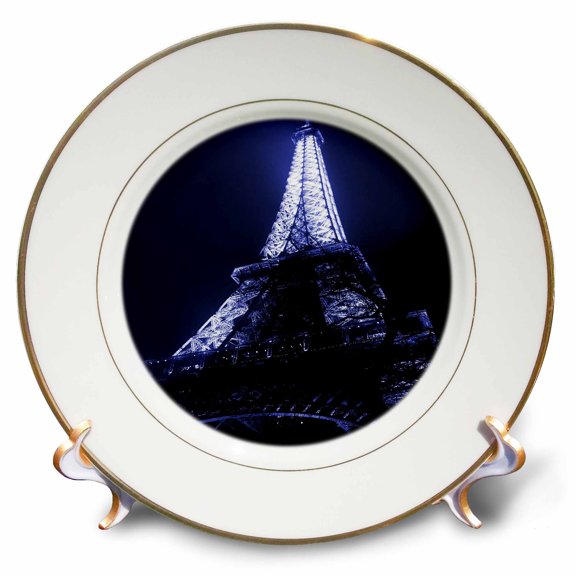 3dRose, Close Up Of The Paris Eiffel Tower With A Blue Tint, 8 inch Porcelain Plate