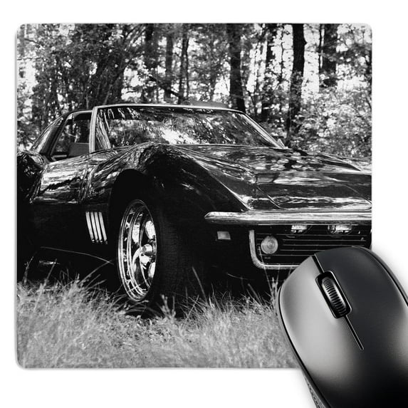 3dRose, Close up black and white photograph of the side of a classic Corvette., MousePad
