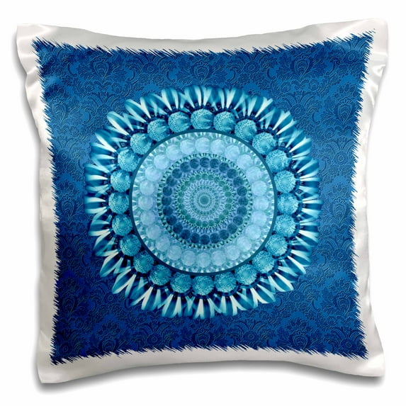 3dRose, Cobalt blue floral mandala on bright blue damask background, 16x16 inch Pillow Case