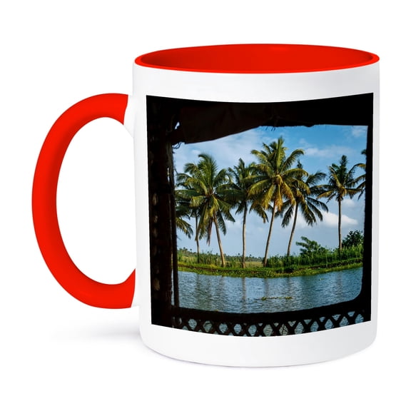 3dRose, Coconut trees seen from cruise boat in Backwaters, Kerala, 15oz Two-Tone Red Mug