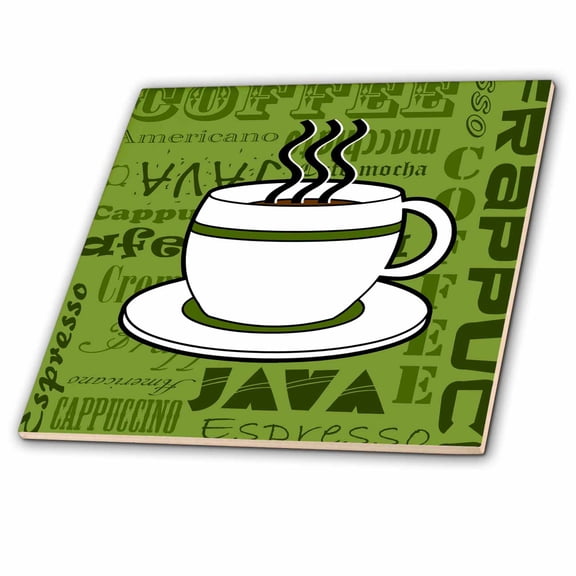 3dRose, Coffee Lover Gift - Coffee Words Print - Green, 8 Inch Glass Tile