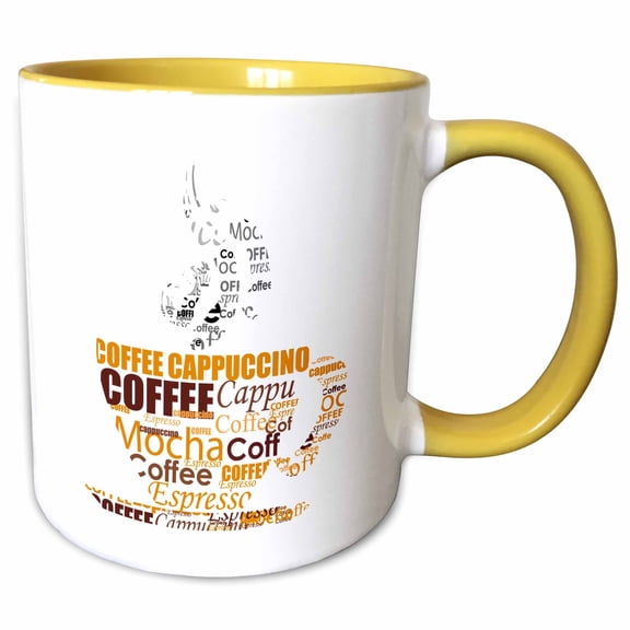 3drose, Coffee Words That Create a Coffee Cup in Brown, 11oz Two-tone Yellow Mug