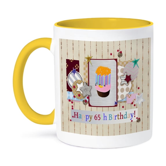 3dRose, Collage of Stars, Cupcake, and Candle, Happy 65th Birthday, 15oz Two-Tone Yellow Mug
