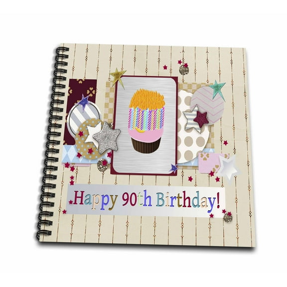 3dRose, Collage of Stars, Cupcake, and Candle, Happy 90th Birthday, Drawing Book 8 x 8 inch