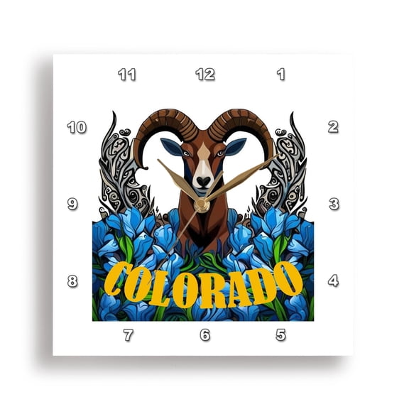 3dRose, Colorado Bighorn Sheep With Blue Columbine Flowers, 15x15 Wall Clock
