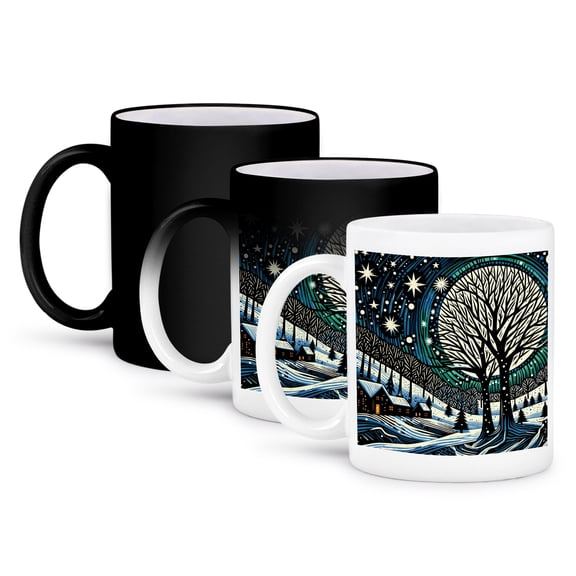 Colorful Block Print Of A Winter Snow Scene, 11oz Magic Transforming Mug