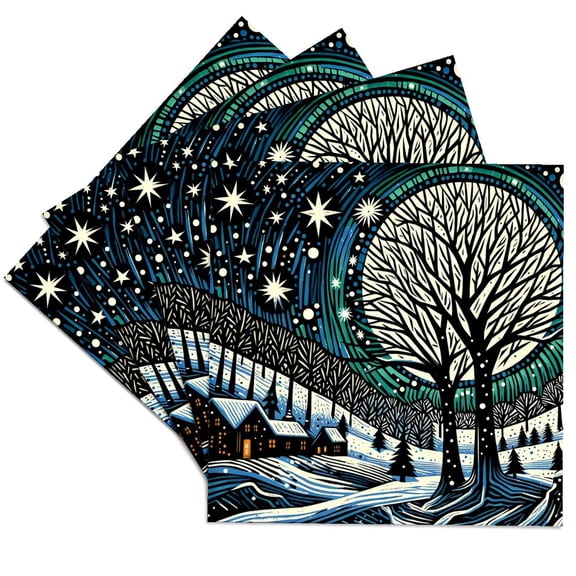 3drose, Colorful Block Print of a Winter Snow Scene, Set of 4 Ceramic Tile Coasters