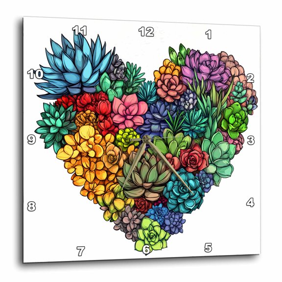 3drose, Colorful Cactus Succulent Heart, 15x15 Wall Clock