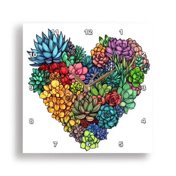 3dRose, Colorful Cactus Succulent Heart, 15x15 Wall Clock