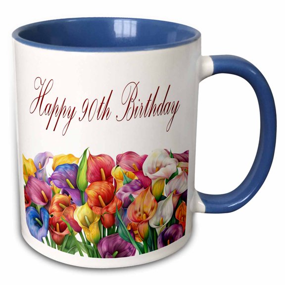 3drose, Colorful Calla Lily Happy 90th Birthday, 11oz Two-tone Blue Mug