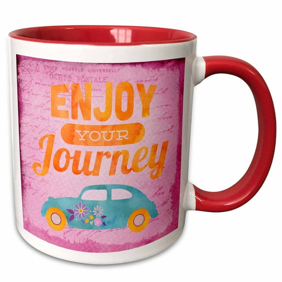 3drose, Colorful Enjoy Your Journey Typography with Beetle Car, 11oz Two-tone Red Mug