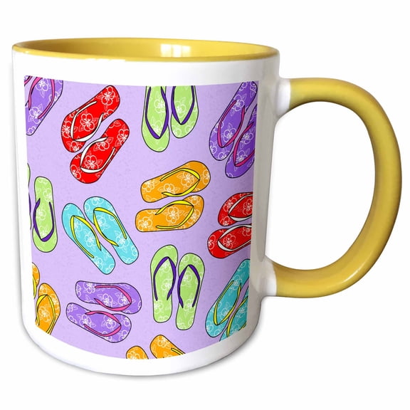 3drose, Colorful Flip Flop Print - Purple Background, 11oz Two-tone Yellow Mug