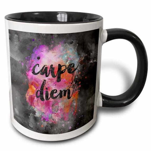 3drose, Colorful Motivational and Inspirational Watercolor Typography Carpe Diem, 15oz Two-tone Black Mug
