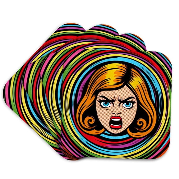 3drose, Colorful Pop Art of an Angry Girl, Set of 4 Coasters - Soft