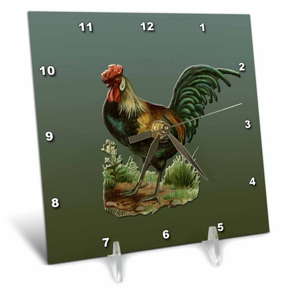 3dRose, Colorful Rooster with Tan, Orange and Green Feathers, 6x6 Desk Clock