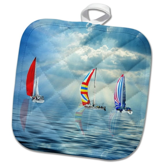 3dRose, Colorful Sailboats on a Calm Ocean Nautical Sailing Theme, 8x8 Potholder