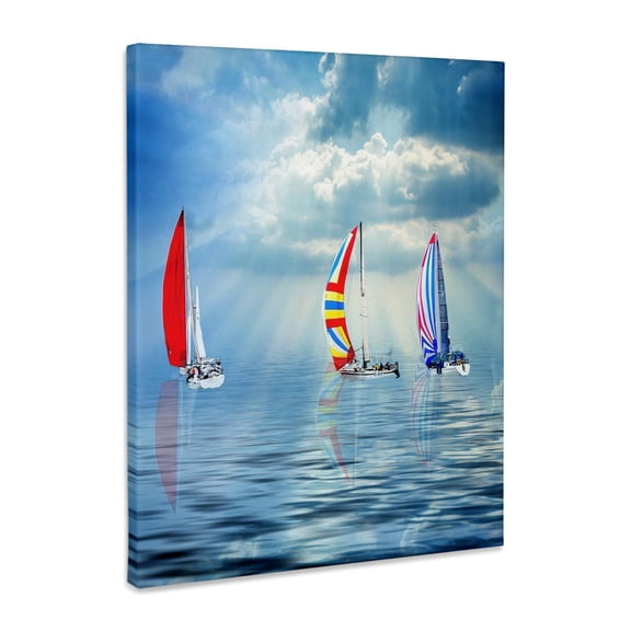3dRose, Colorful Sailboats on a Calm Ocean Nautical Sailing Theme, Museum Grade Canvas Wrap 11x14