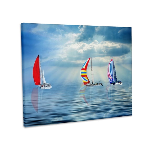 3dRose, Colorful Sailboats on a Calm Ocean Nautical Sailing Theme, Museum Grade Canvas Wrap 14x11