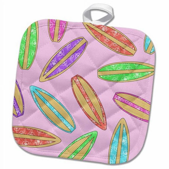 3dRose, Colorful Surfboard Print - Hawaiian Flower and Bamboo - Pink, 8x8 Potholder