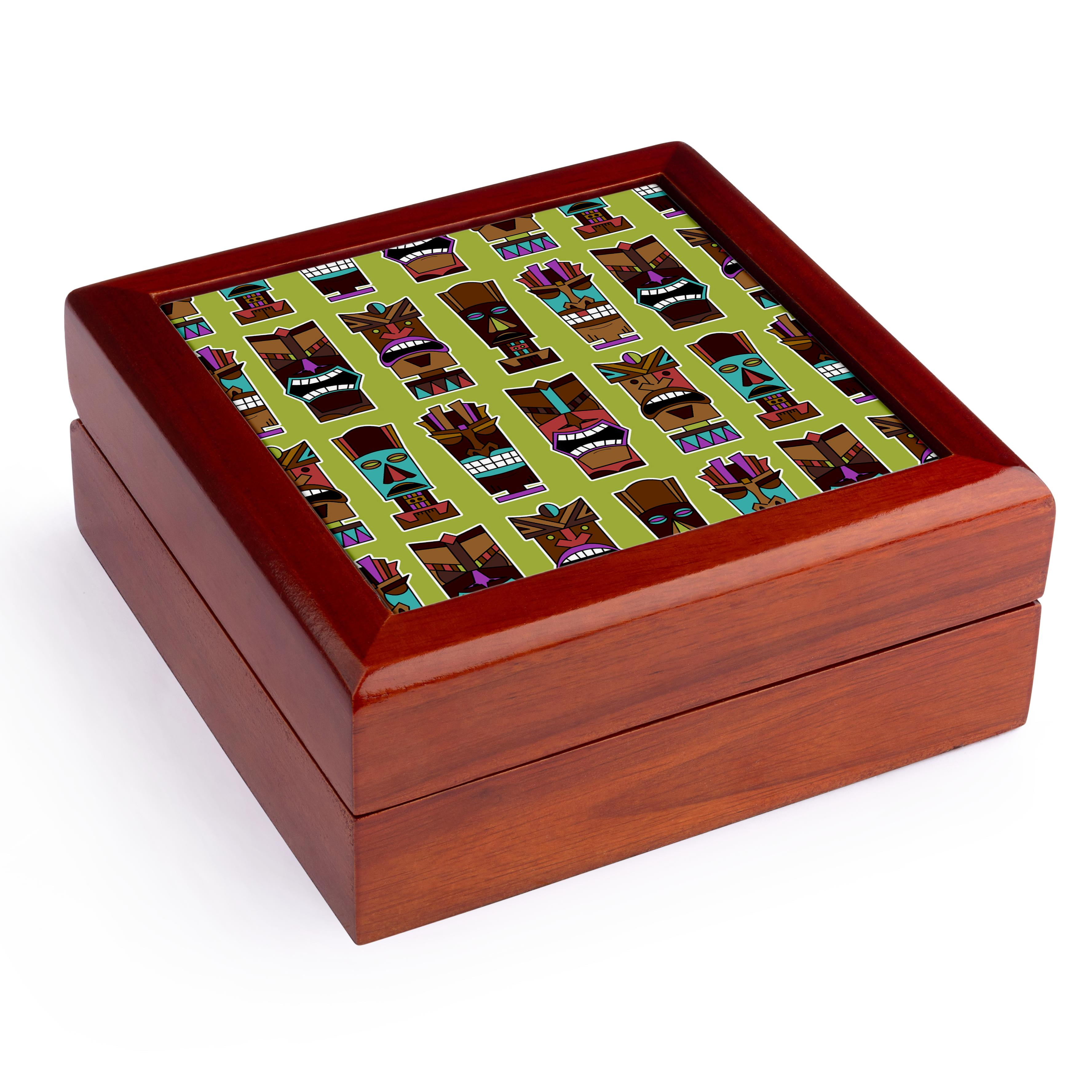 3dRose, Colorful Tiki Mask Pattern, Jewelry Box 5.5x5.5 inch with 4 inch tile