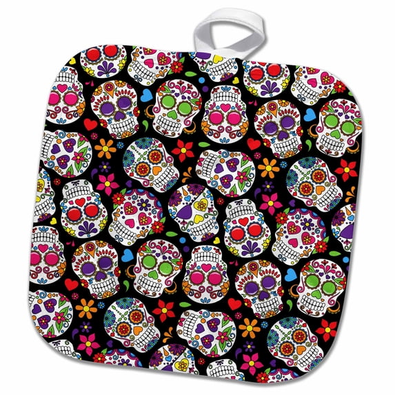 3dRose, Colorful Tossed Sugar Skulls Pattern, 8x8 Potholder