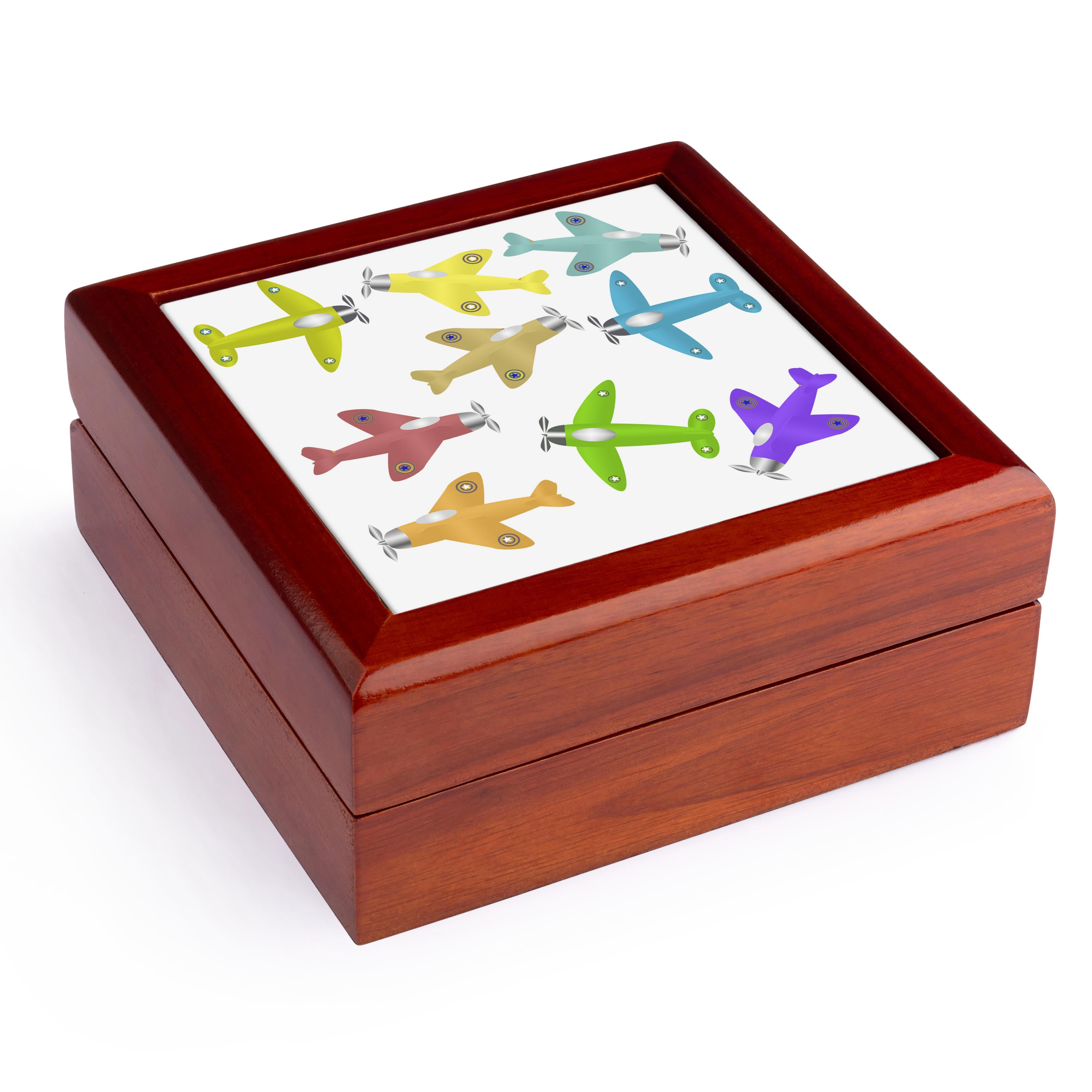 3dRose, Colorful cartoon toy airplanes on a plain background ready for the future pilot., Jewelry Box 5.5x5.5 inch with 4 inch tile